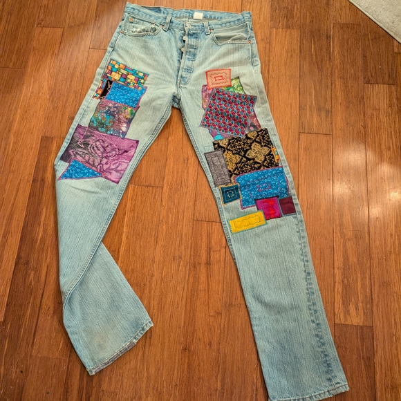 Levi's 501 Patchwork Embroidered Jeans Belongs To Well Known Rock Bassist 34L - Picture 1 of 8